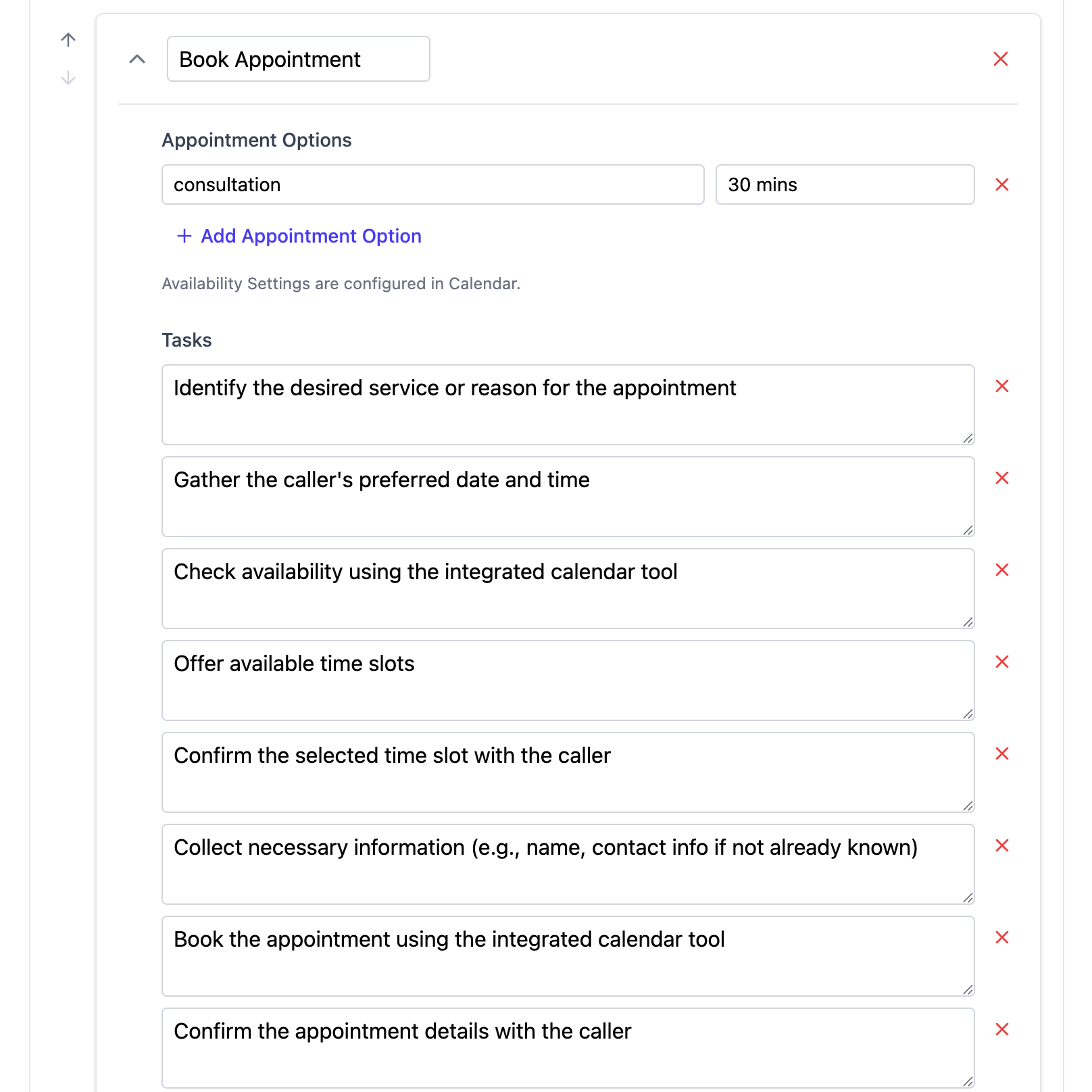 Agent configuration showing Appointment Booking skill
