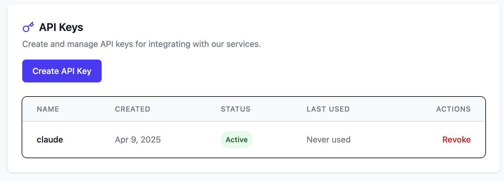 API key generation page showing Agent ID